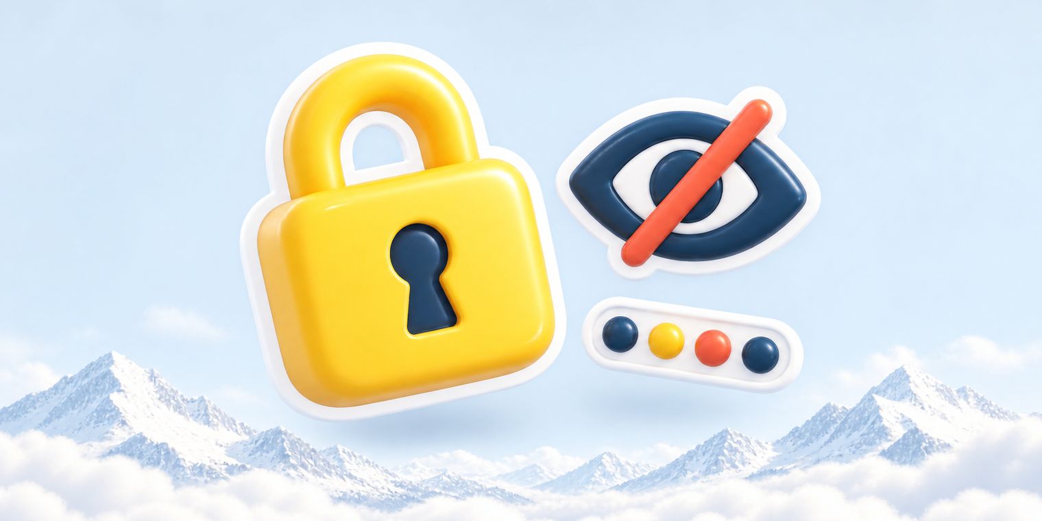 Illustration of a sun-yellow padlock beside a crossed-out eye and a row of password dots