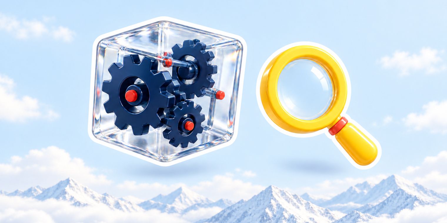 Illustration of a clear glass cube with gears inside and a sun-yellow magnifying glass beside it
