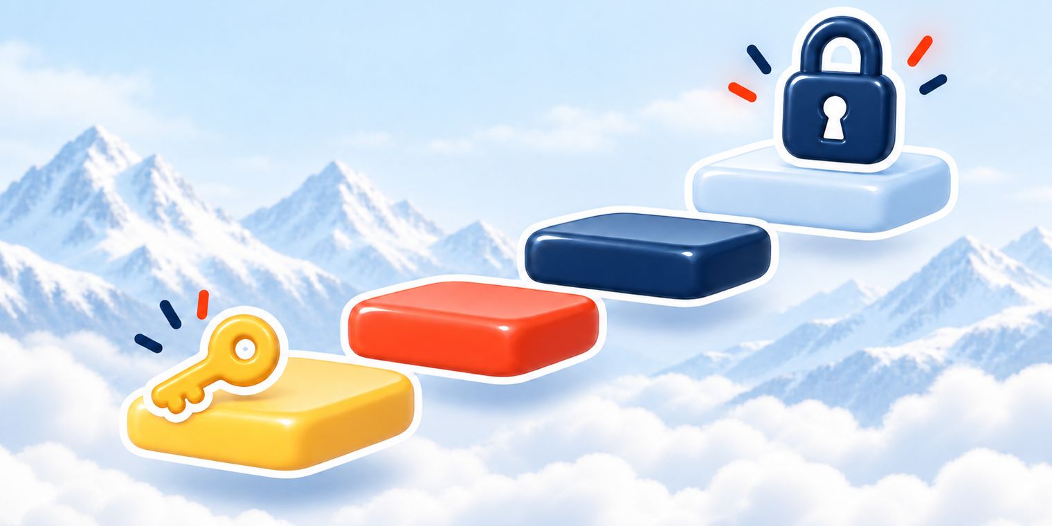 Illustration of four glossy steps going up like a staircase, with a padlock on the top step and a key on the lowest