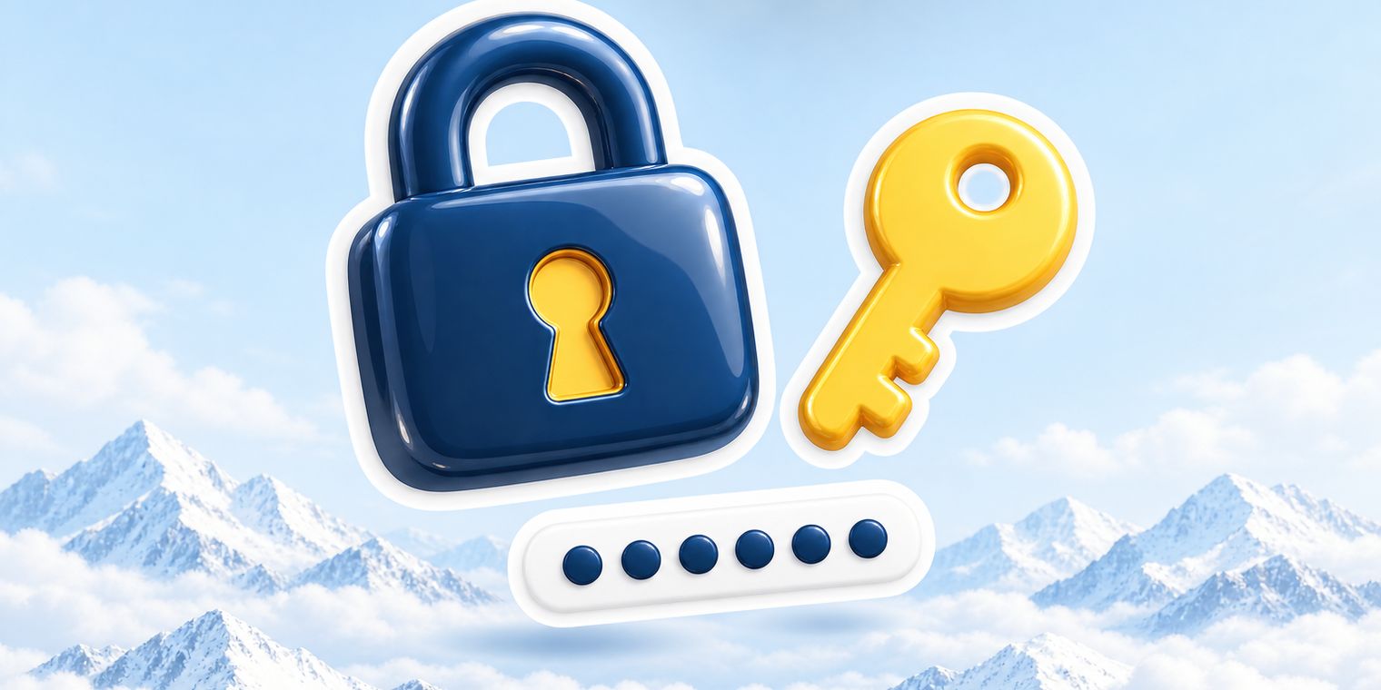 Illustration of a glossy padlock with a small key beside it, and a password field made of dots