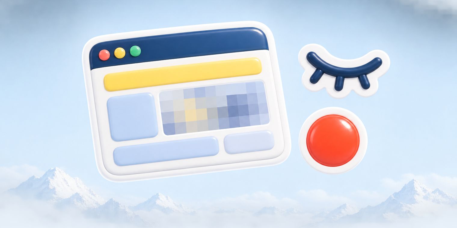 Illustration of a browser window with part of it blurred out and a pair of closed eyes beside it