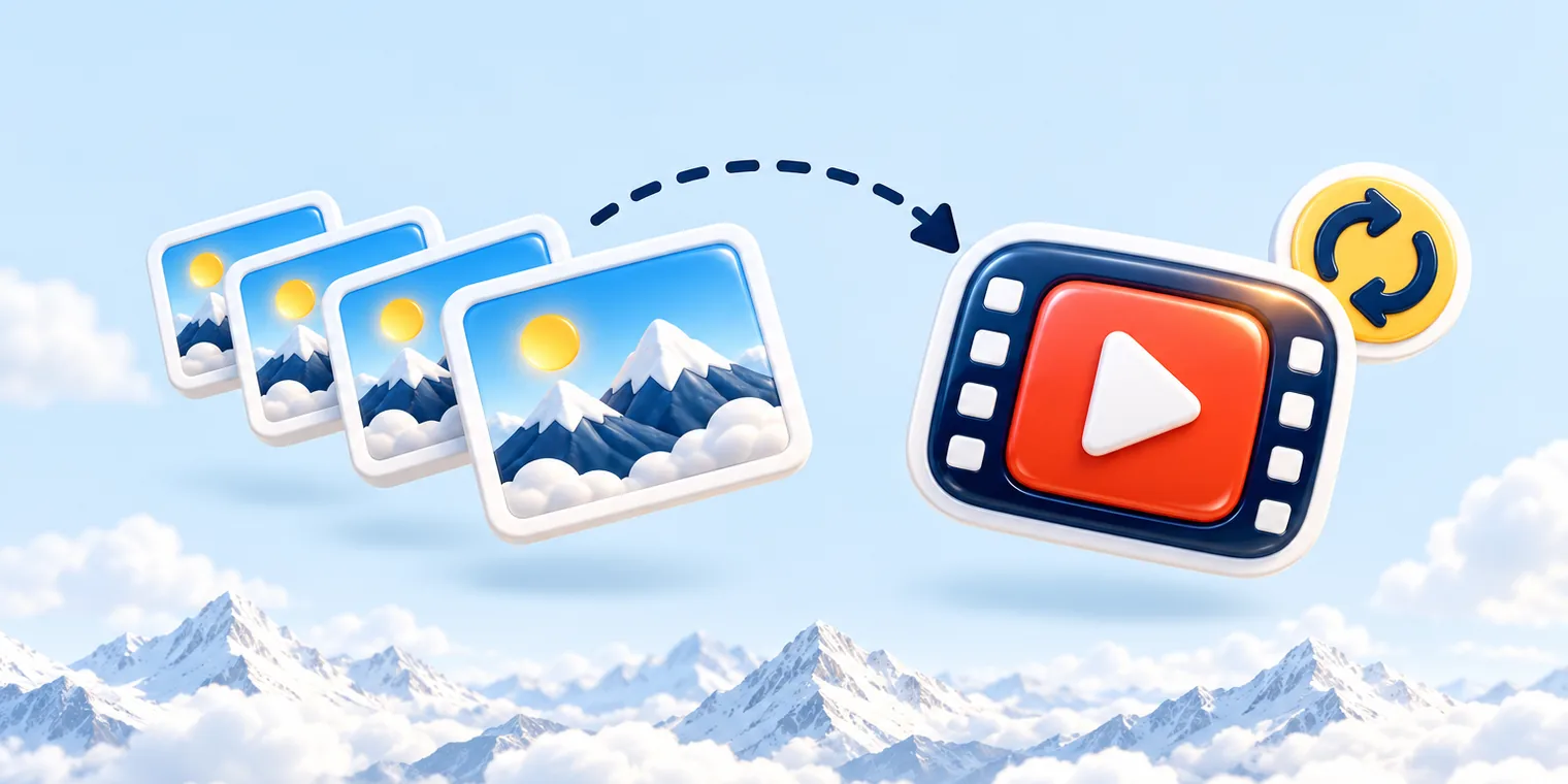 looping picture-frame stickers flowing into a play-button video sticker