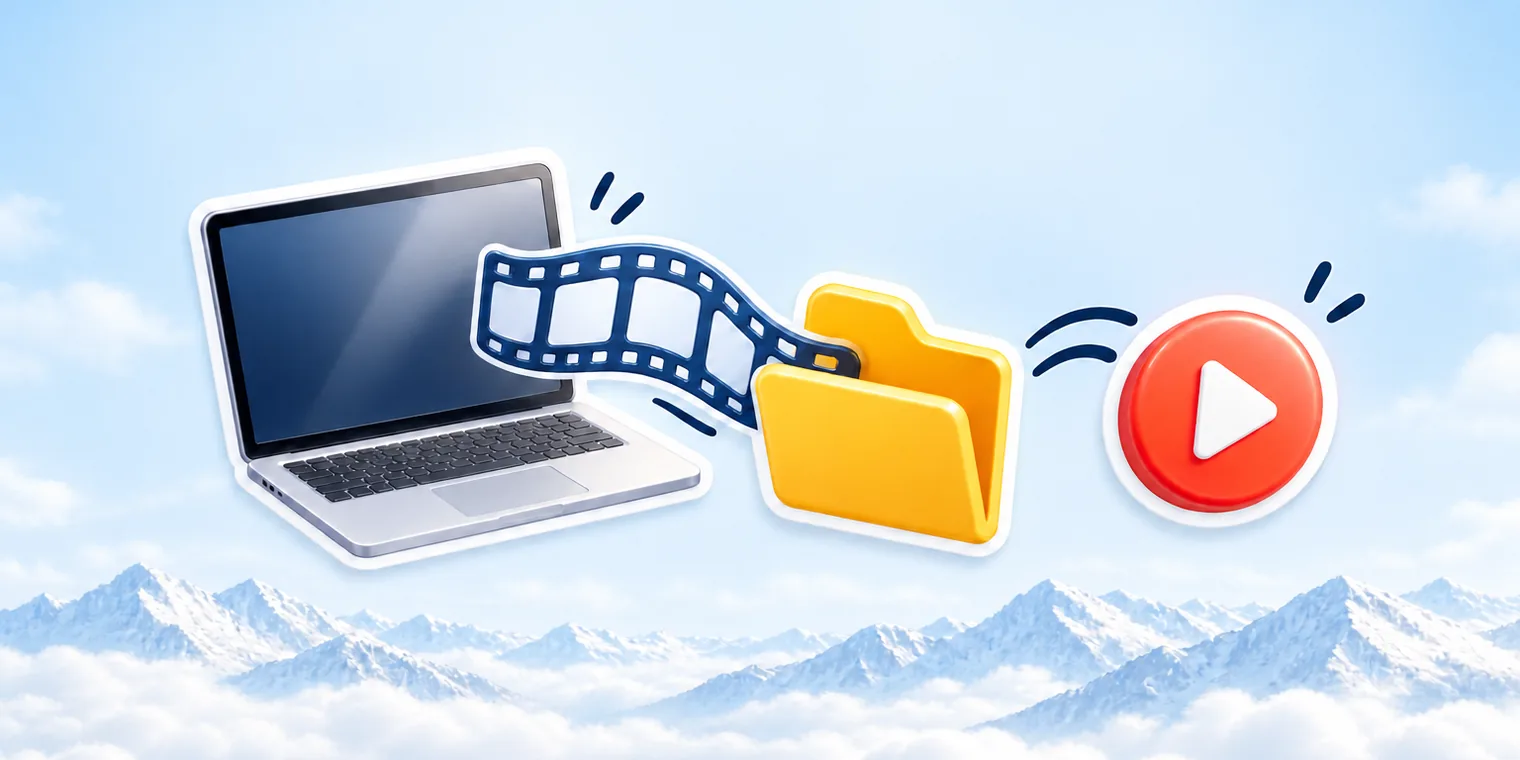 a laptop with a film strip going into a folder and a play button coming out