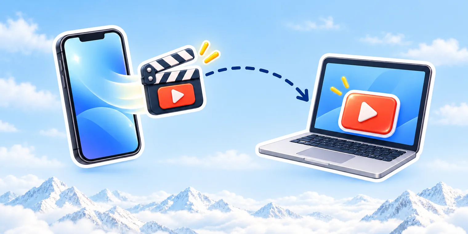A phone sticker sending a clapperboard into a play-button video that fits a laptop