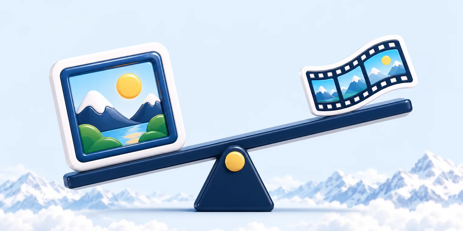 a heavy picture frame outweighing a slim film strip on a seesaw, for GIF file size