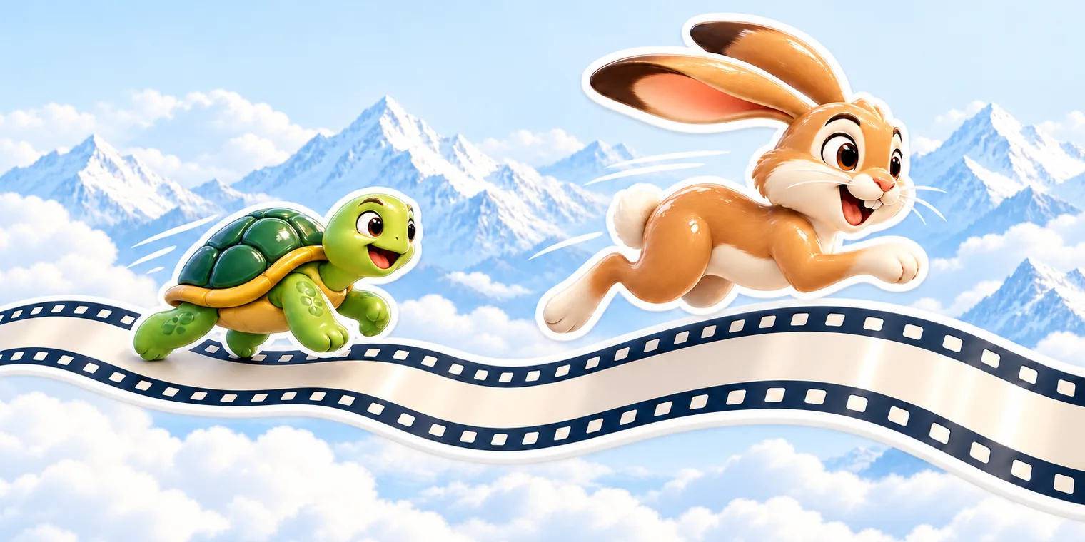 a hare running ahead of a turtle on a film-strip road