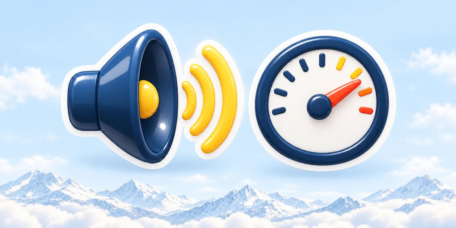 a speaker with sound waves next to a speedometer dial