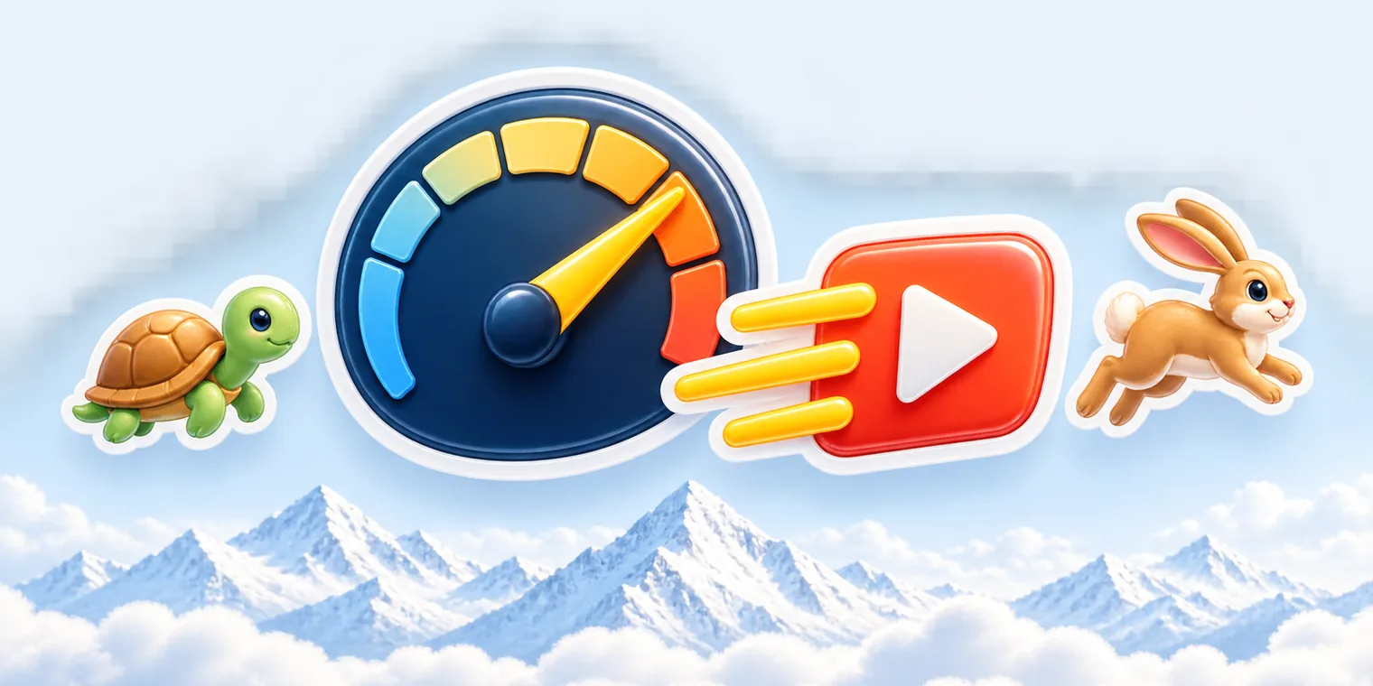 a speedometer dial beside a play-button video with motion streaks, a turtle and a hare